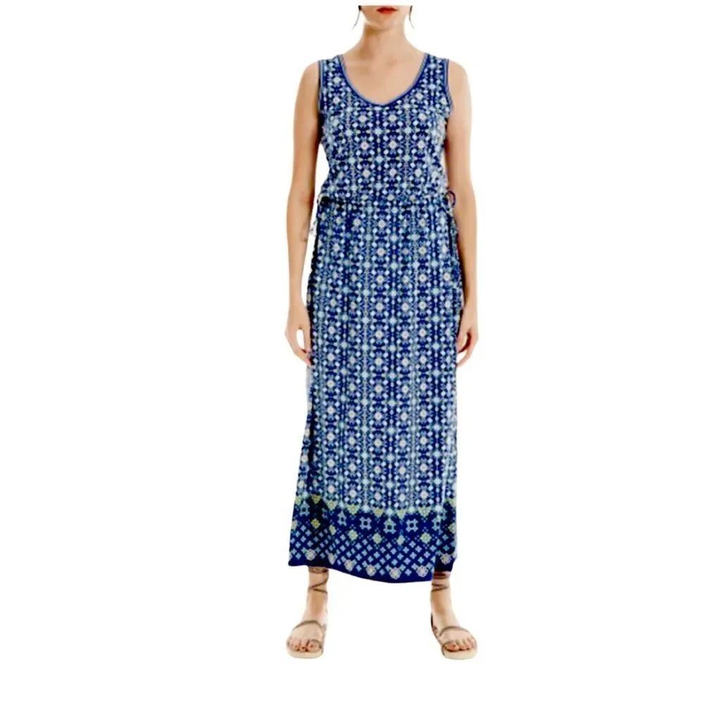 NWT Max Studio Navy Blue Yellow Geometric Floral Sleeveless Maxi Dress sz M